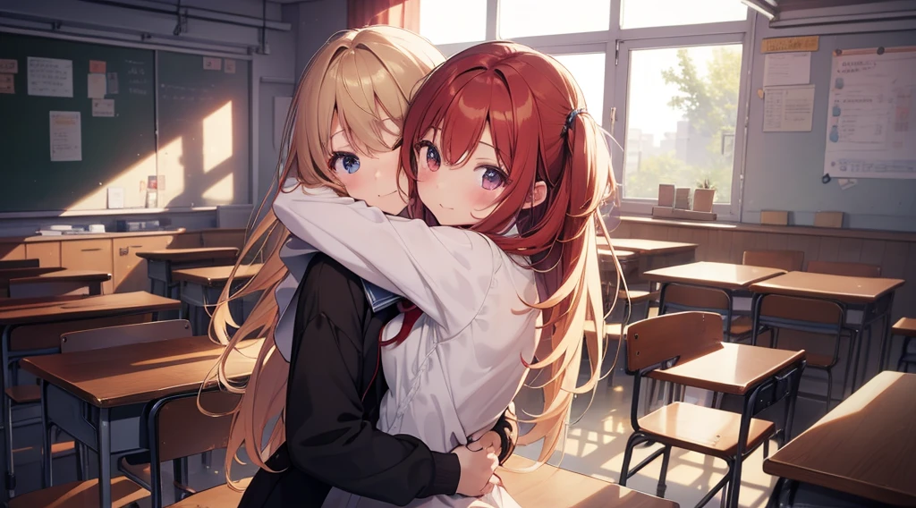 (Highest quality、detailed、masterpiece、8K)、(2Cute girl)、((Hug from behind))、Redness、high school girl、classroom