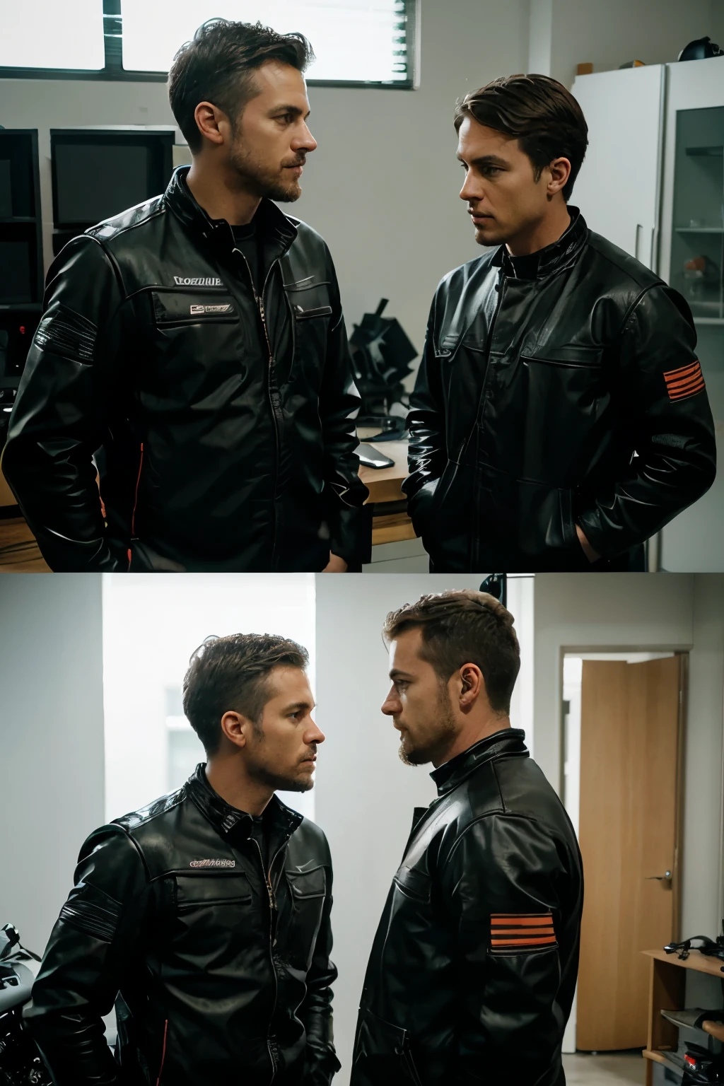 I need an image that there are two people talking, a technician and a client, that the client is entering with a modern motorcycle, a technician engaging in a conversation with a client and the background in the room where they are, that he has tools that they are both men and that the image is see animated, it's a cartoon, it's for a cartoon