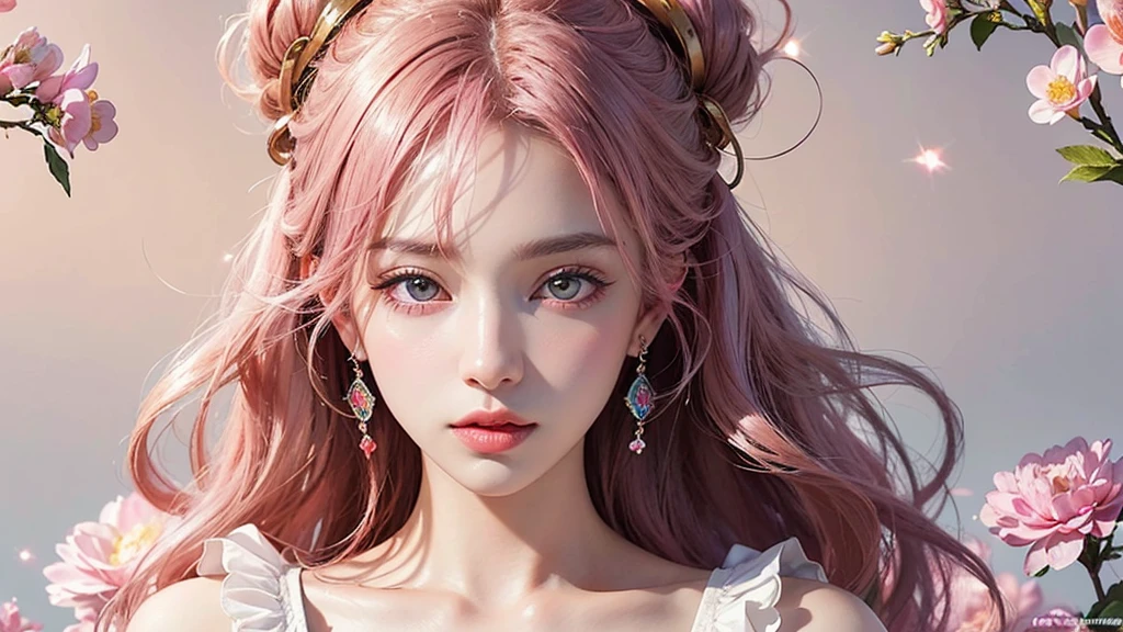 One girl, alone, flower畑, flower, (Official Art, unity 8k wallpaper, Super detailed, beautifully、aesthetic, masterpiece ,Highest quality:1.3), (Dynamic Angle:1.2), (Floating colorful sparkles:1) , elegant, Vibrant colors, Highly detailed face, Detailed eyes, Glowing Skin, Glossy Lips , Pale pink and pale orange background, Pink Hair,