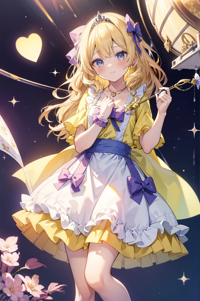 photo realistic, (masterpiece,best quality:1.4),(8k,raw photo,photo realistic:1.2),Not Safe for Work, detailed skin,detailed face,1girl,princess,Alice in Wonderland,cute face, super resolution,retro realistic details Illustration,,{{{elaborate,intricately,fantastic,delicately,tremendous,meticulous,minute,incredibly,obsessed,artisan's,subtle,virtuoso,skillful,vibrant, vivid, complex}}}, clearly focus edge, fresh natural gradation, best quality, amazing quality, very aesthetic, absurdres, pubisure, ((yellow, checkered, frilled, yellow layered, yellow mini skirt, overskirt)), ((White ruffle apron)), ((shiny wavy hair)), diadems, ankle boots, up-skirt, doress, (((jumping))), feet up, (yellow frilled shirt), yellow gothic dresses, shairband, shortsleeves, the bow hair, happy, ;p, medium bob, (blonde hair), ((wavy hair)), shimmering eyes, Blue eyes, ((yellow shairband)), (((White frilled Panties))), (((skirt-lift))), a smile, red blush, yellow Doress, Alice (Alice in Wonderland), (((cape))), White frilled legwear, ((yellow the Bow)), Puffy Sleeves, Bangss, shortsleeves, ((yellow bow ribbon)), long hair, (White frilled apron), (((tiara))), (((Holding a cute magic wand))). White frilled legwear, frilld, yellow gothic dresses,: q, ((Heart necklace)), ((ring)), masterpiece, top-quality, not safe for work, Little Girl, child, 14 yo, braided bangs, arm garter, baby face ,twinkle in the eye, flat chest, yumekawa,yumekawaii,pastel color, imagination, ((soap bubbles)), heart background, (water-color), ((Multicolored lights)), (Design sheet:1.3), (multi-angle and detailed view:1.3),