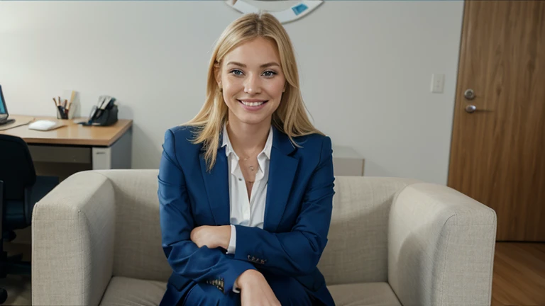 Create a photorealistic image of a female receptionist in a small modern art gallery. She is 23, platinum blonde, , and has blue eyes. She is dressed in a modern business suit. Her appearance looks alot like a nordic Emilia Clarke.