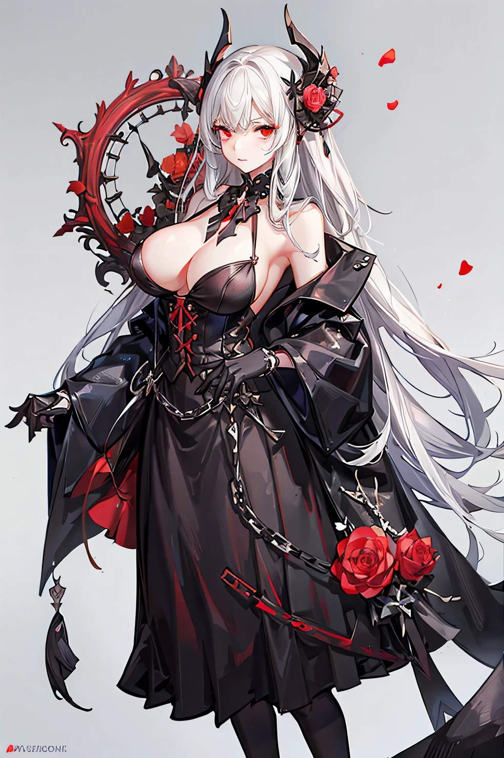 Female, sharp eyes, mature, seductive, white hair, ((white skeleton)), red flower, ((big boobs)) , illustration, 25 year old, bone, skull, ((bust-up)), red eyes, full black dress, black collar, luxurious,