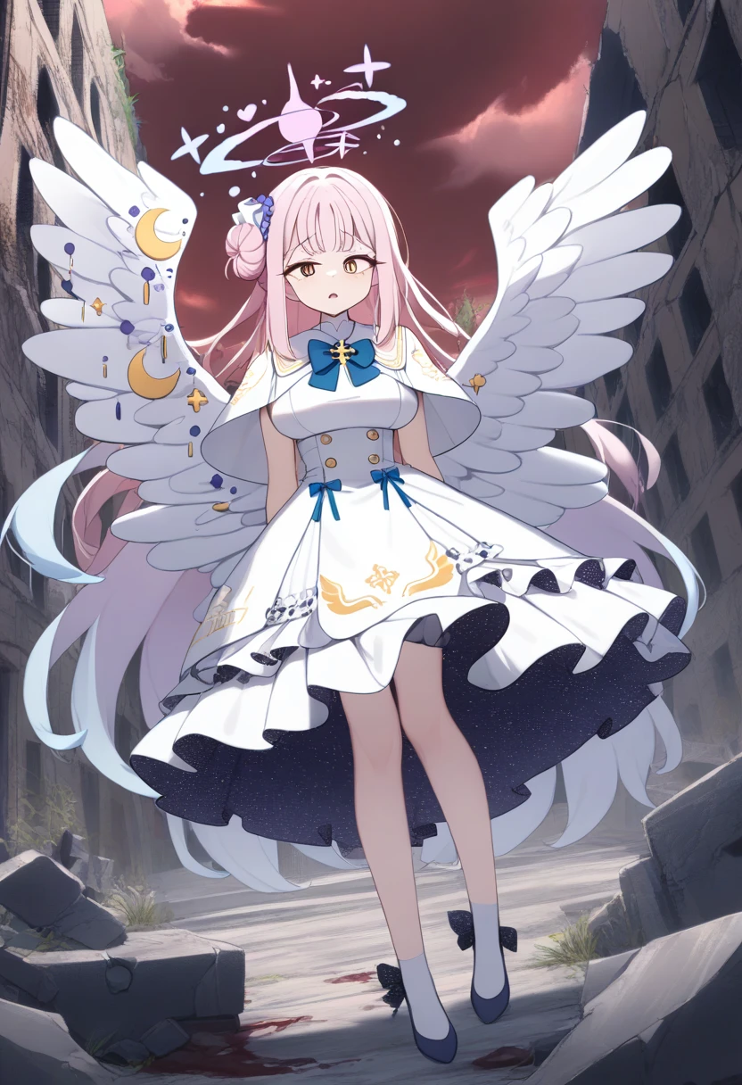 (1girl:1.8), solo, full body,highres,mika_\(blue_archive\),white_wings,feathered_wings,hair_flower,large_breasts,angel_wings,white_dress,low_wings, glaring eyes, emerged, menacing, mysterious, abandoned, historic, collapsed building, deserted, dripping_blood_from_eyes, red sky, looking at camera