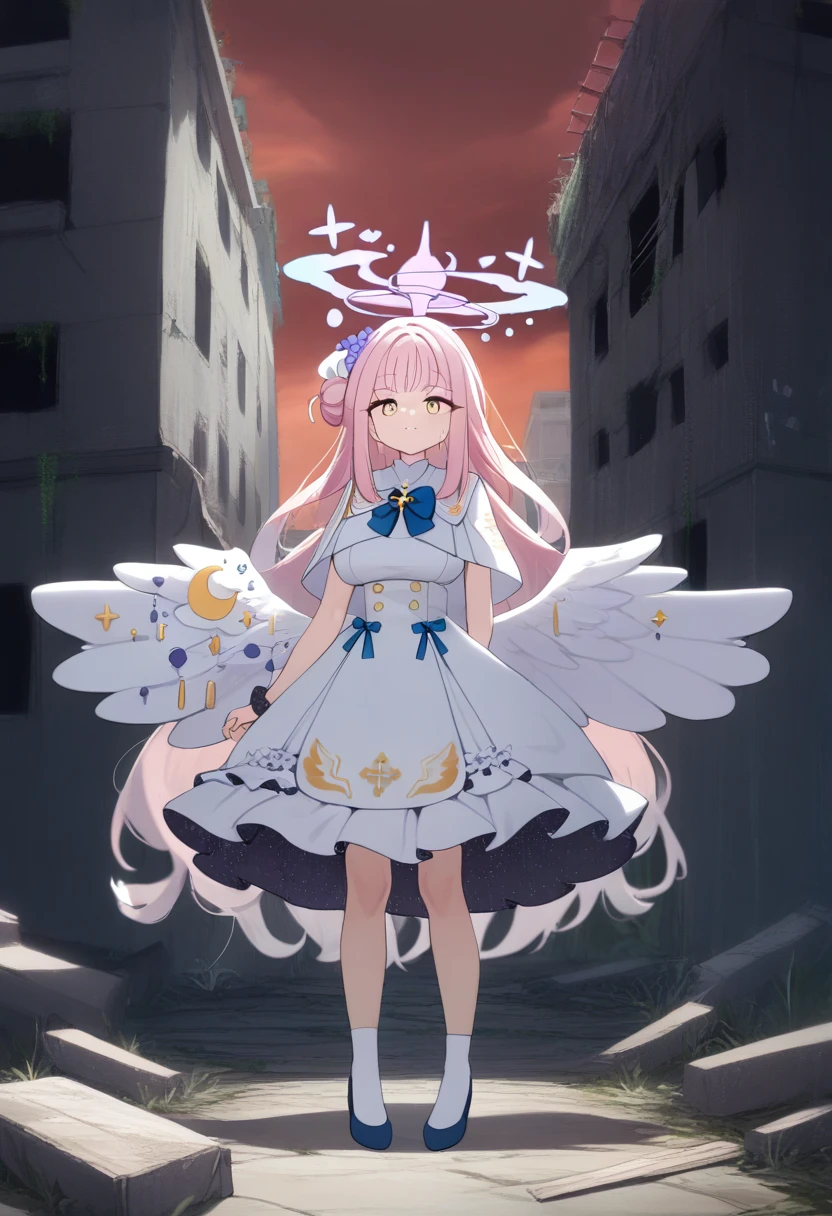 (1girl:1.8), solo, full body,highres,mika_\(blue_archive\),white_wings,feathered_wings,hair_flower,large_breasts,angel_wings,white_dress,low_wings, glaring eyes, emerged, menacing, mysterious, abandoned, historic, collapsed building, deserted, dripping_blood_from_eyes, red sky, looking at camera