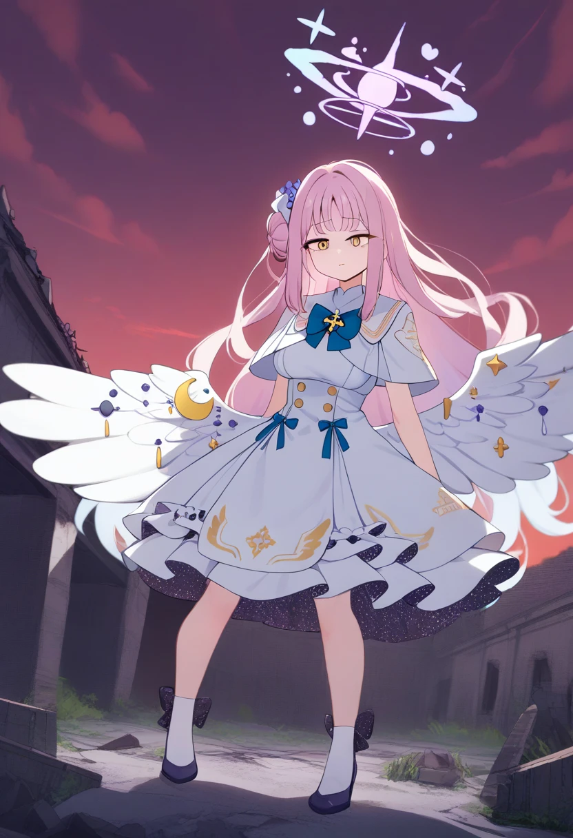 (1girl:1.8), solo, full body,highres,mika_\(blue_archive\),white_wings,feathered_wings,hair_flower,large_breasts,angel_wings,white_dress,low_wings, glaring eyes, emerged, menacing, mysterious, abandoned, historic, collapsed building, deserted, dripping_blood_from_eyes, red sky, looking at camera