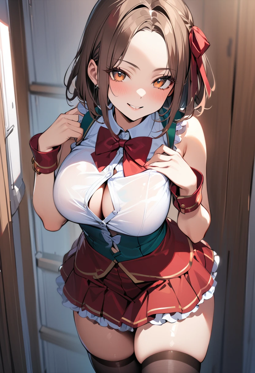 1 girl, bob, center part, forehead, brown hair, piercing, brown eyes, model posing, smile,
BREAK (masterpiece), (high resolution 8K), detailed eyes and face, detailed body,
BREAK idle, (school festival frilled costume:1.3), (mini skirt:1.3), zettai ryouiki, bow tie, hair ribbon, large breast,
(button gap:1.1), sleeveless, cuffs, tights