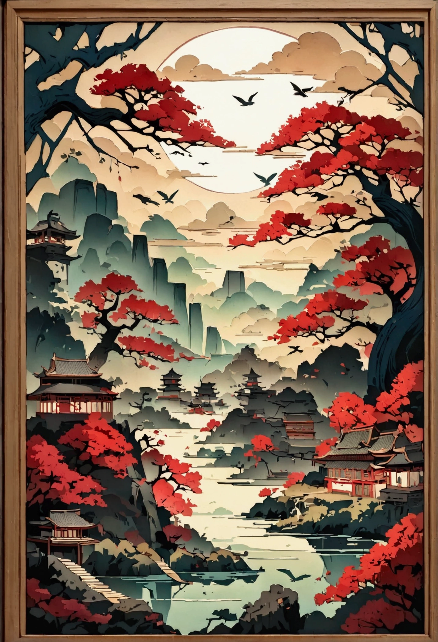 masterpiece, Traditional Chinese landscape, Flower and Bird Painting,Beautiful fairy tale, paper art style, Beautiful paintings, A very complex masterpiece, A beautiful and sophisticated red masterpiece, multi-layer, mystery,