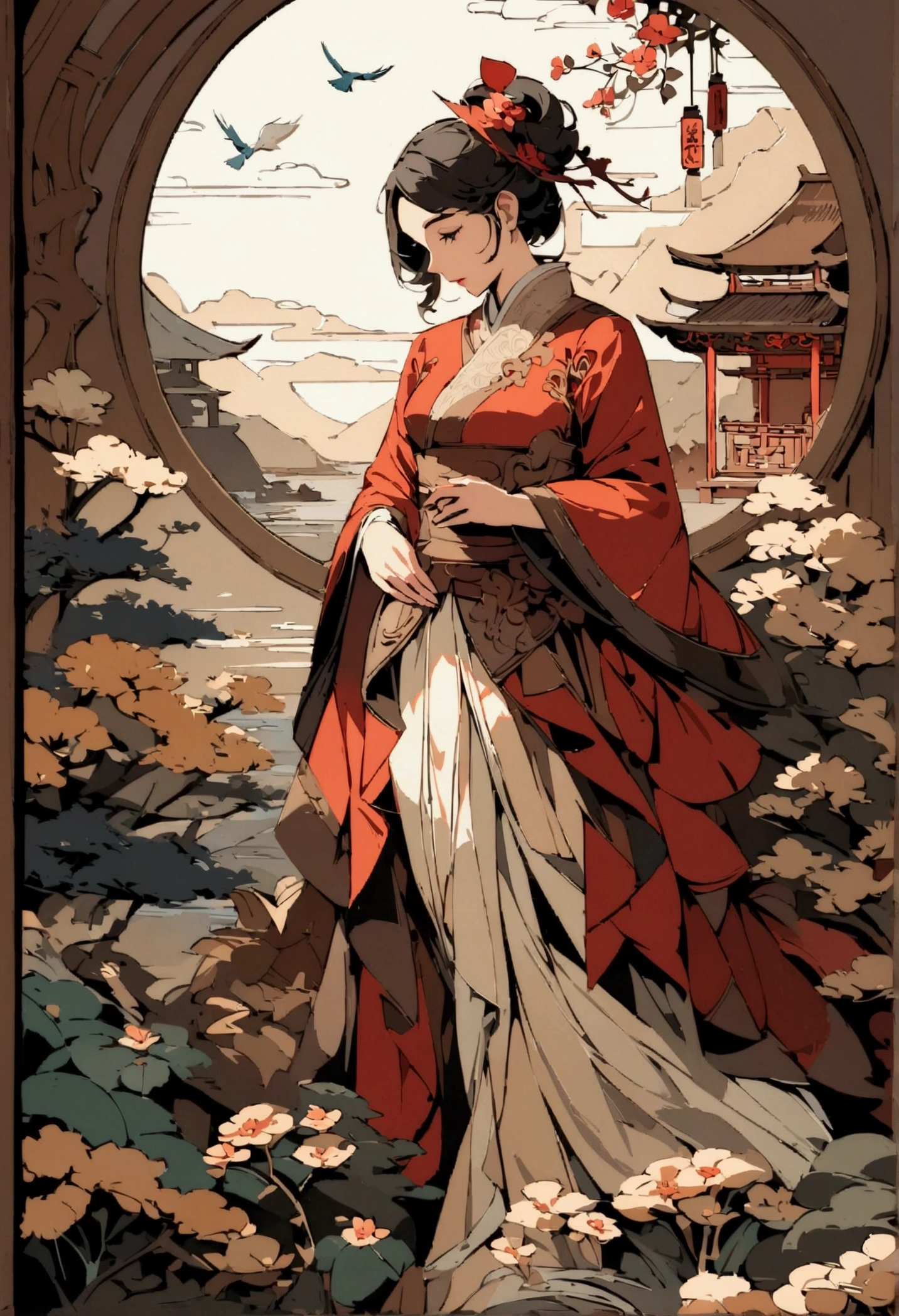 masterpiece, Traditional Chinese landscape, Flower and Bird Painting，Beautiful fairy tale, paper art style, Beautiful paintings, A very complex masterpiece, A beautiful and sophisticated red masterpiece, multi-layer, mystery, 