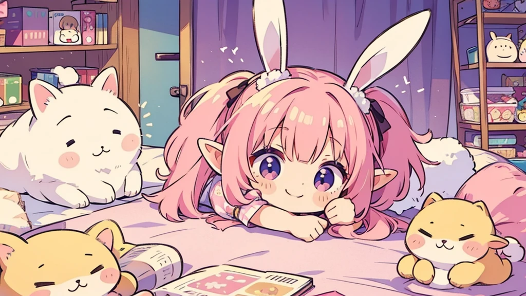 Bunny ears、Chibi Girl Elf、fluffy、Pink pop room、 smile