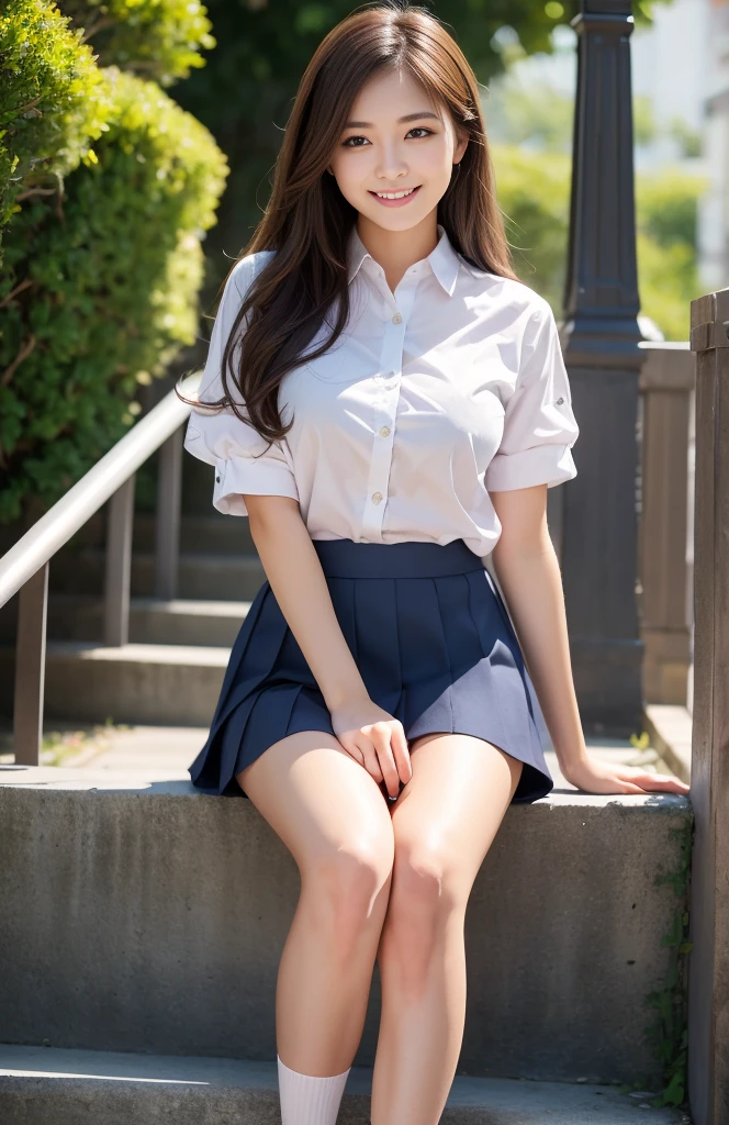 high quality, 最high quality, Realistic, RAW Photos, Realistic, Ultra-realistic 8K CG, Super detailed, High resolution, masterpiece, 1 Japanese girl, 18-year-old, Beautiful face of a woman, Soft Face, elegant, Long Hair, blue eyes, Intricate details, Detailed Texture, Fine details , Natural female body, sexy, Super big breasts、Very beautiful young woman、smiling、JK uniform、Ultra mini skirt、Full body shot down to the feet、On the way to take off the skirt
