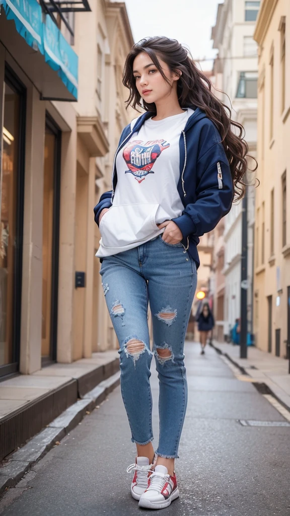1girl, extremely beautiful, wavy hair, hair blown by strong winds, college girl, navy hoodie-zip jacket, white shirt, blue jeans, sneakers, fit body, small breasts, big booty, full body, from below, walking at the street