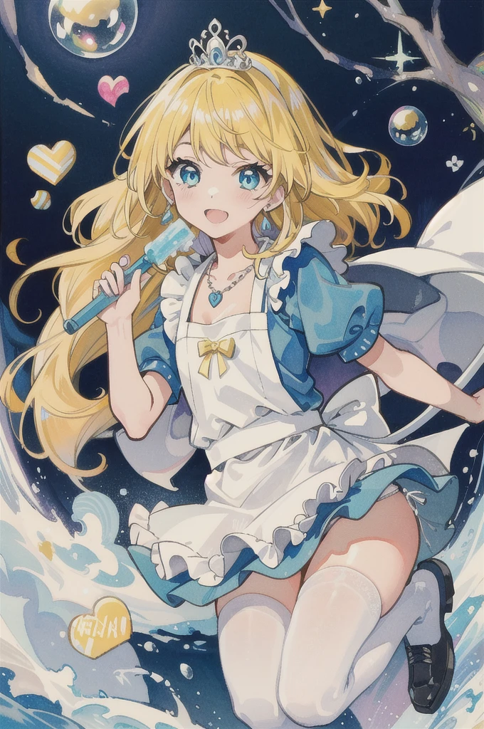Photorealistic, (masterpiece,Highest quality:1.4),(8k,RAW Photos,Photorealistic:1.2),Not safe at work, Detailed skin,Detailed face,One girl,Princess,Alice in Wonderland,Cute Face, Super Resolution,Retro realistic detailed illustration,,{{{Elaborate,Complicated,wonderful,delicately,extraordinary,Scrupulous,point,Unbelievably,Obsessed,craftsman&#39;s,subtle,celebrity,Skillful,Vibrant, Vivid, Complex}}}, Clearly focused edge, fresh natural gradation, Highest quality, wonderful品質, so beautiful, Absurd,
Pub Sadness,
((yellow, Checkerboard, Frillsの, yellow layered, mini skirt,Overskirt)), ((白いFrillsエプロン)),((shiny Wavy Hair)), crown, Ankle boots, Under the skirt, dress, (((Jumping))), Lift your legs, (Frillsの shirt), ゴシックdress, hair band, Short sleeve, Bow hair, Happy, ;p, Medium Bob,  (Blonde),   ((Wavy Hair)), shimmering eyes, blue eyes, ((yellow hair band)),(((White Frillsの Panties))), (((Skirt flip))), Laughter, blush, dress, Alice (Alice in Wonderland), (Cape), White Frillsの legwear, ((yellow the Bow)), Puff sleeves, Bans, Short sleeve, ((yellow bow ribbon)), Long Hair, (White Frillsの apron), (((tiara))), (((Holding a cute magic wand))). White Frillsの legwear, Frills, yellow ゴシックdress,: q, ((Heart Necklace)), ((ring)), masterpiece, Highest quality, Not safe at work, , , 14, Braided bangs, Arm Garters, Baby Face ,Eyes sparkle, Flat Chest, 
it has been,it has beenii,pastel colour,(Wonderland Garden:1.3),imagine,  ((Soap bubble)), Heart Background, (watercolor),