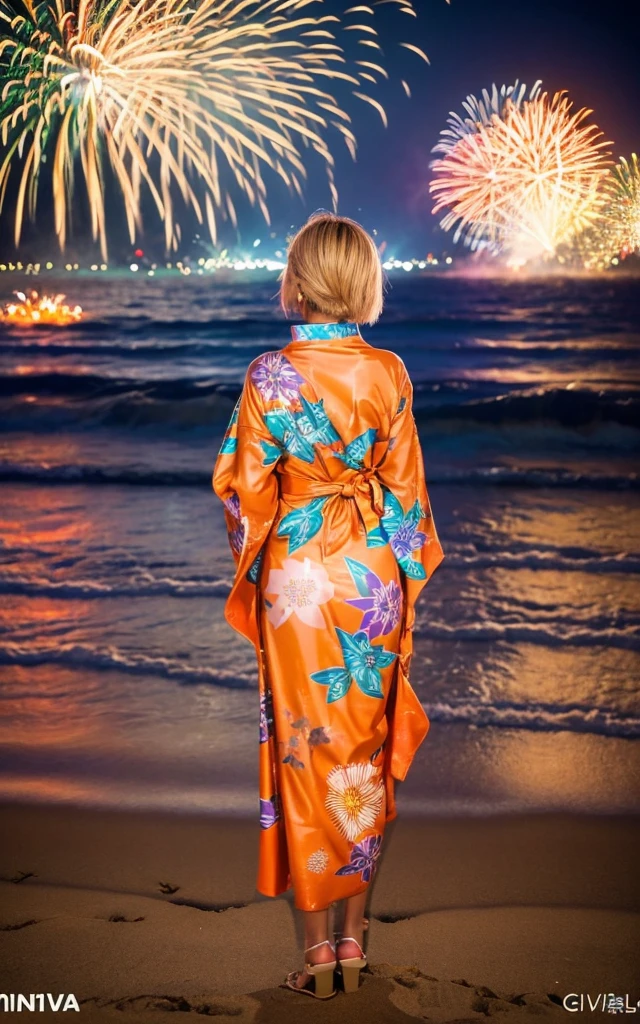 gyaru, dark-skinned, shiny oiled skin, blond hair,  short cut hair, wearing vivid yukata, standing in seaside beach, dark-night, deep fog, orange lanthanum light, Fireworks Festival Venue, Fireworks in the background, cinematic lighting, from behind, full body shot