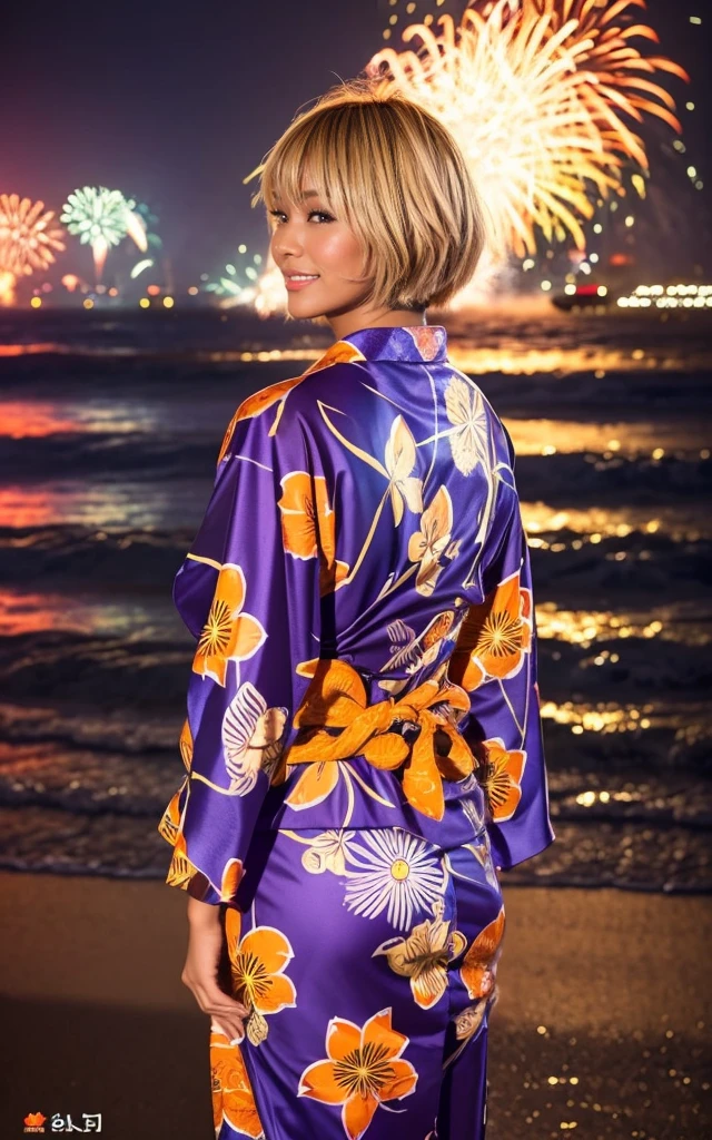 gyaru, dark-skinned, shiny oiled skin, blond hair,  short cut hair, wearing vivid yukata, standing in seaside beach, dark-night, deep fog, orange lanthanum light, Fireworks Festival Venue, Fireworks in the background, cinematic lighting, from behind, full body shot