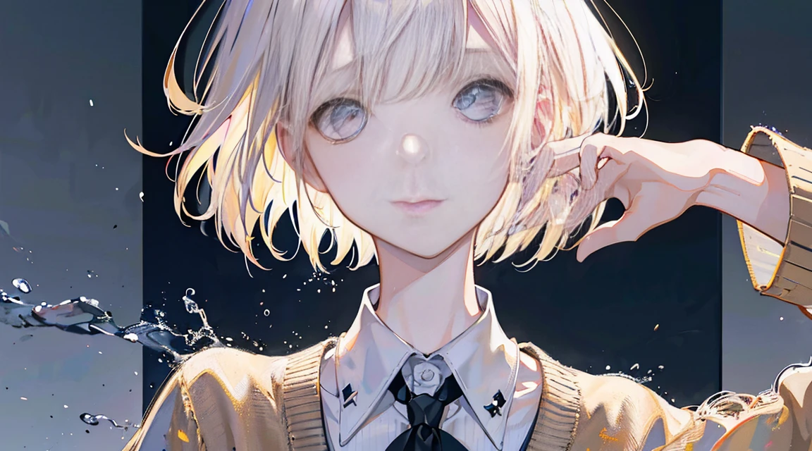 (Bob Cut Hair, Platinum Blonde Hair:1.2),(Wear a cardigan over a collared shirt:1.2),1 girl,Japanese,21 years old,(Small breasts:1.3),(Highest quality,masterpiece:1.3,超A high resolution,),(Ultra-detailed,Caustics),(Photorealistic:1.4,RAW shooting,)Ultra-Realistic Capture,Very detailed,High resolution 16K human skin close-up。 Natural skin texture、,Pores、、It needs to be detailed enough to be easily identifiable。 Skin should be even-toned and healthy looking。 Use natural light and colour, Sad expression, Looking at the camera, Perfect dynamic composition, Outdoor