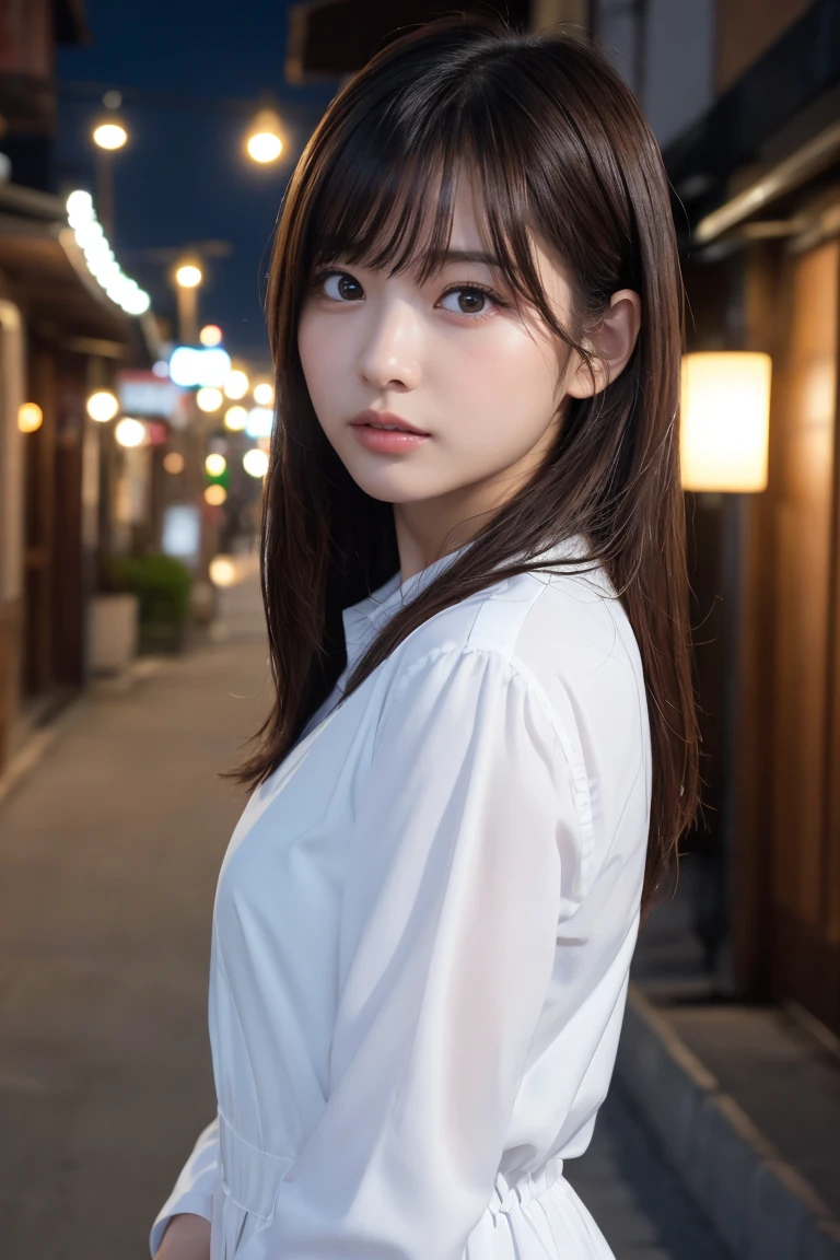 masterpiece、1 beautiful girl、Detailed eyes、Puffy eyes、Highest quality, 超High resolution, (Reality: 1.4), Cinema Lighting、Japanese、Asian Beauty、Korean、Super Beauty、Beautiful Skin、Slender、Body facing forward、(Surreal)、(High resolution)、(8k)、(Very detailed)、(Beautiful and detailed eyes)、(Ultra-detailed)、 (wallpaper)、Detailed face、Bright lighting、Professional Lighting、View your viewers、Look straight ahead、Dress code: A clean shirt and dress....、46 point diagonal bangs、Night Scenery、Brown Hair、Nogizaka Idol、Korean Idol、Gravure idol pose、、Age 25、expensive,
