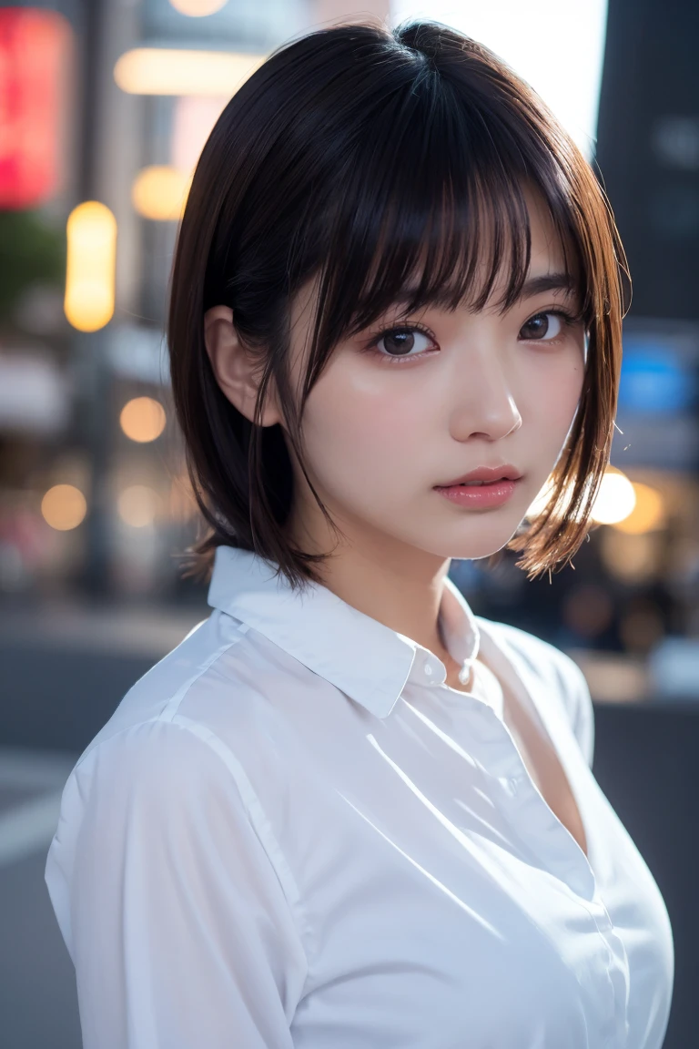 masterpiece、1 beautiful girl、Detailed eyes、Puffy eyes、Highest quality, 超High resolution, (Reality: 1.4), Cinema Lighting、Japanese、Asian Beauty、Korean、Super Beauty、Beautiful Skin、Slender、Body facing forward、(Surreal)、(High resolution)、(8k)、(Very detailed)、(Beautiful and detailed eyes)、(Ultra-detailed)、 (wallpaper)、Detailed face、Bright lighting、Professional Lighting、View your viewers、Look straight ahead、Dress code: A clean shirt and dress....、46 point diagonal bangs、Night Scenery、Brown Hair、Nogizaka Idol、Korean Idol、Gravure idol pose、、Age 25、expensive,