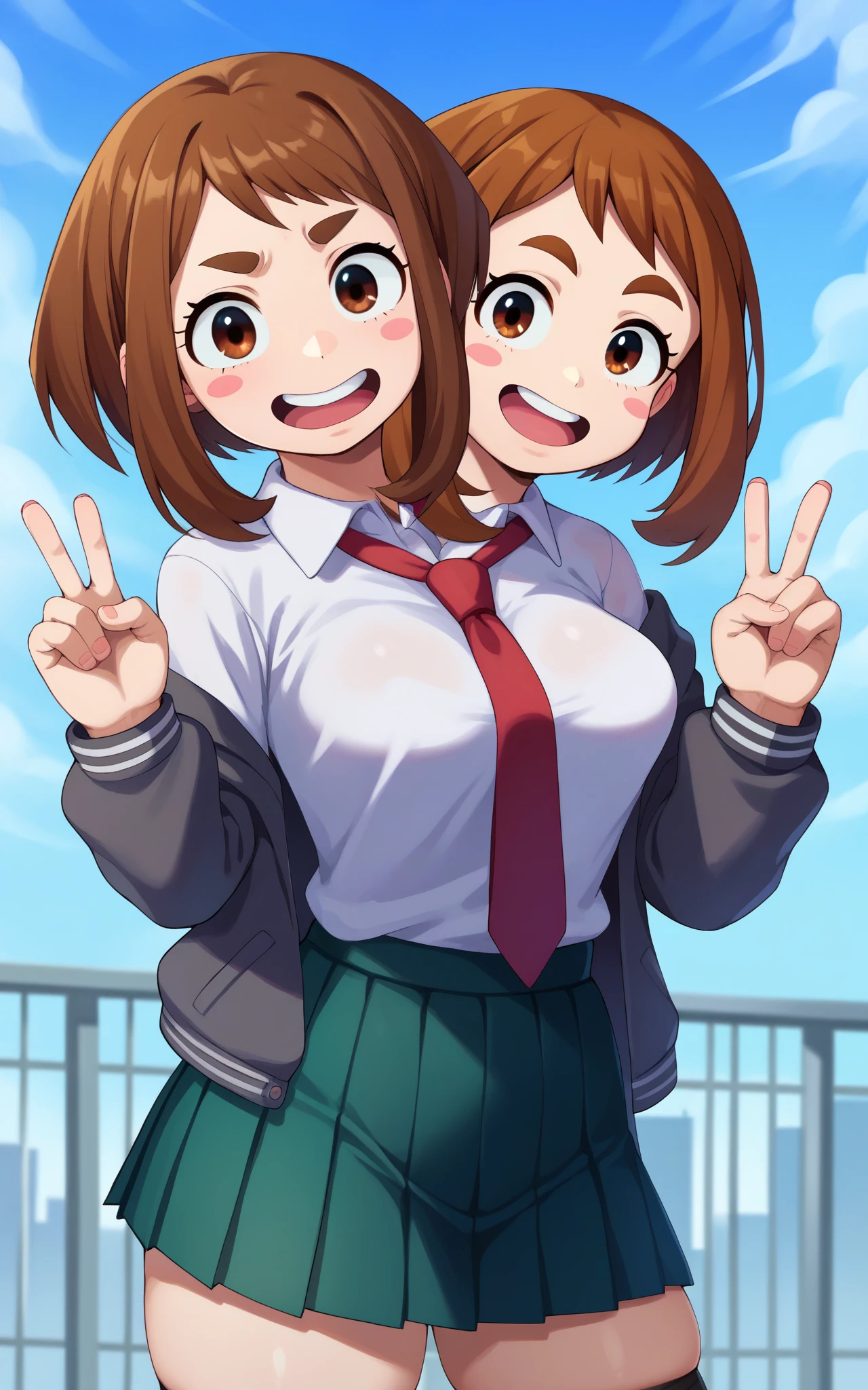 1girl, solo, two heads, conjoined, peace sign and middle finger,  Uraraka Ochako, thick_eyebrows blush_stickers, brown_hair, brown_eyes, short_hair, sideburns, shiny hair, medium breasts, skindentation +++ :D  +++ u.a._school_uniform, grey_jacket long_sleeves, white_shirt red_necktie, mos green pleated_skirt, black stocking  Sky Kingdom, score_9, score_8_up, source_anime, city background