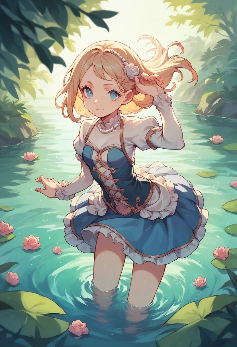 Girl, water, outfit, blue eyes, pearls