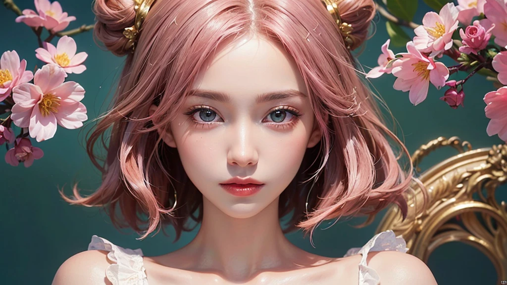 One girl, alone, flower畑, flower, (Official Art, unity 8k wallpaper, Super detailed, beautifully、aesthetic, masterpiece ,Highest quality:1.3), (Dynamic Angle:1.2), (Floating colorful sparkles:1) , elegant, Vibrant colors, Highly detailed face, Detailed eyes, Glowing Skin, Glossy Lips , Pale pink and pale orange background, Pink Hair,