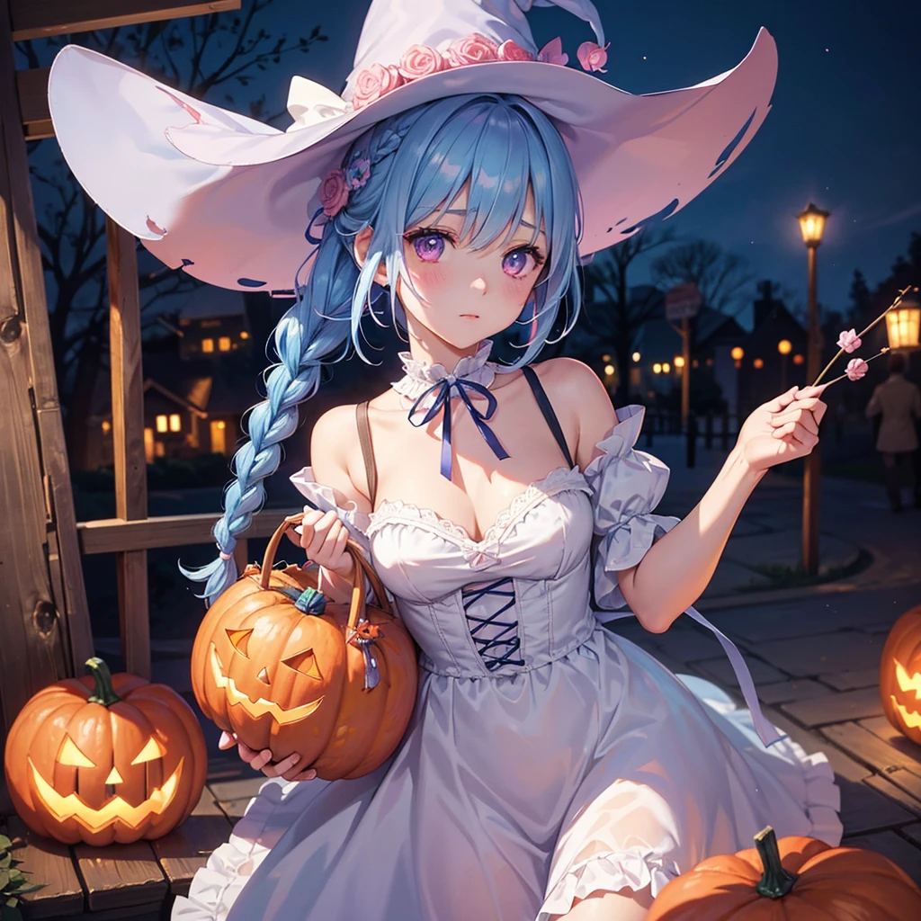 (Light blue medium hair),(Braided hair)、Pink eyes、Fair skin、cowboy shot、Halloween、The background is a pumpkin ghost、Crescent Moon、Trick or Treat、A lot of sweets、witch、Halloween night、Candy、Despised、solo、(masterpiece、Highest quality、Very detailed、Best Shadow)、(Detailed Background)、(Beautifully detailed face)、High contrast、(Best lighting、Very delicate and beautiful)、(Cinematic Light)、colorful、Hyper Detail、Dramatic Light、Exquisite detail、