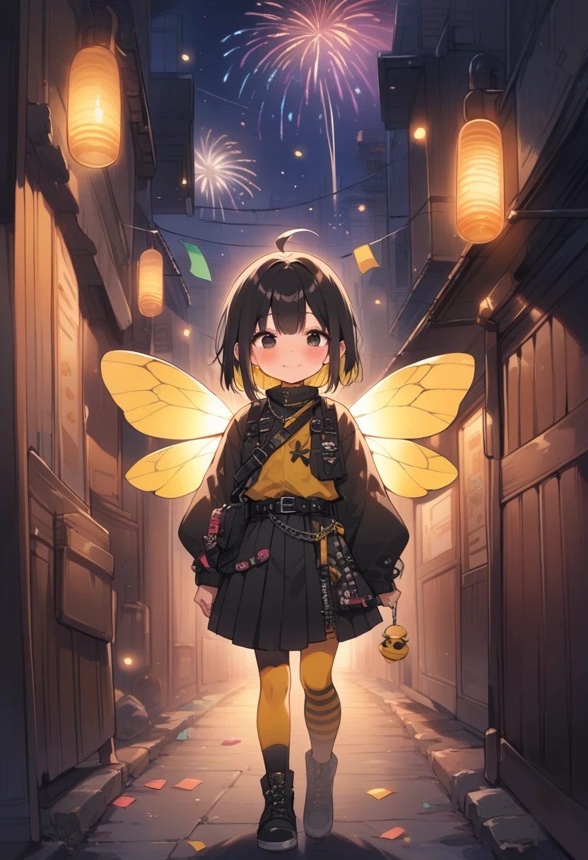 breathtalking Scenery, breathtalking Beauty, breathtalking Cute,scenery, (best quality, masterpiece:1.2), (ultra high quality:1.2),smooth soft skin, natural skin,watercolor,
BREAK
(hornet girl:1.4), bee girl,(little female child:1.3), (loli:1.3),6 years old, kawaii,baby face,tsurime, small breast, Phat ass,ultra cute face,oily skin, (bee antennae:1.3), (PVC material Extremely small bee wings:1.1), (bee wings:1.1),symmetry bee wings, puffy eyes,smile,
BREAK
(black hair:1.3),(black eyes:1.2),(yellow dip-dye hair:1.3),(yellow inner hair:1.1),short hair,ahoge, slanted eyes, (highlight on eyes:1.1),(nail_polish:1.1),
BREAK
(Japanese Style Coordination:1.1),belt buckle,(punk fashion:1.1), (punk hair:1.1), (lots of accessories:1.2), kimono inspired punk rock,hakama inspired punk rock,layer of clothes,(yellow striped black stockings:1.1),pierce,chain accessory,punk rock,
BREAK
fropm behind,behind shot,walking,facing viewer,Alley,fireworks,fireworks background,night,steam light effect,cinematic shadows,light sparkles,(blush:1.2),Confetti,Twinkle Star,smile,dust particles,dynamicangle,kawaii,outdoors,