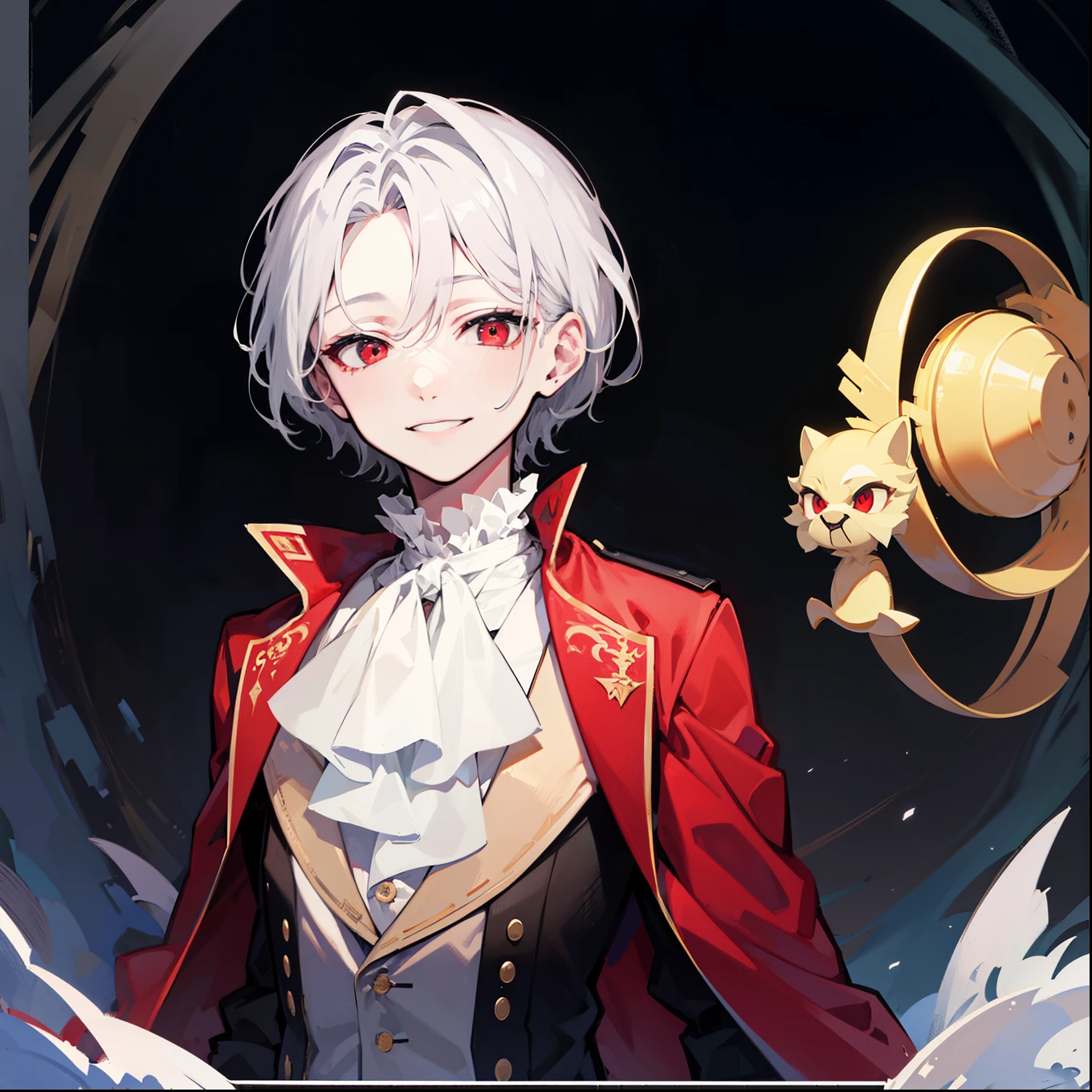 {{{{masterpiece}}}},{{Highest quality}},{{Official Art}},{{Highly detailed CG Unity 8k wallpaper}},{{{Art Book}}} (One boy) Gray Hair, ((short hair)), ((Diagonal bangs)), Red eyes, (((A nasty smile))), ((Aristocratic costume)), Dark Theme, {{White skin}}, shape, Bright Eyes, alone