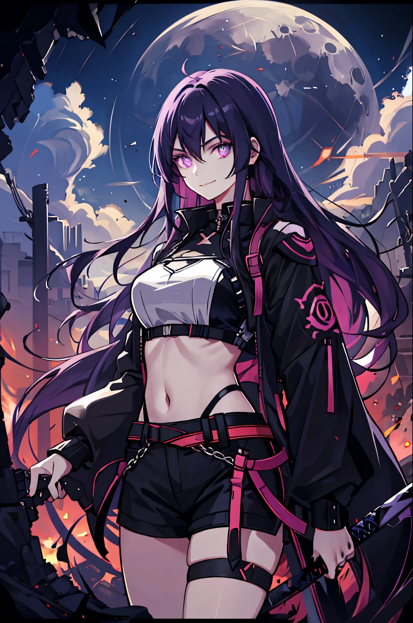 A gorgeous girl wearing a black crop top with black short shorts, her hair was long and smooth, her hair was as metallic as black brimstone, her eyes sparkled a mysterious black purple color, she She holds a black Katana with a dark purple glowing blade,She held the katana in her hand and stood in preparation position  detailed sword and 1080p textures, her face is facing the moon and she is smiling, set in a deserted area ruins, mysterious sky and few stars in the sky