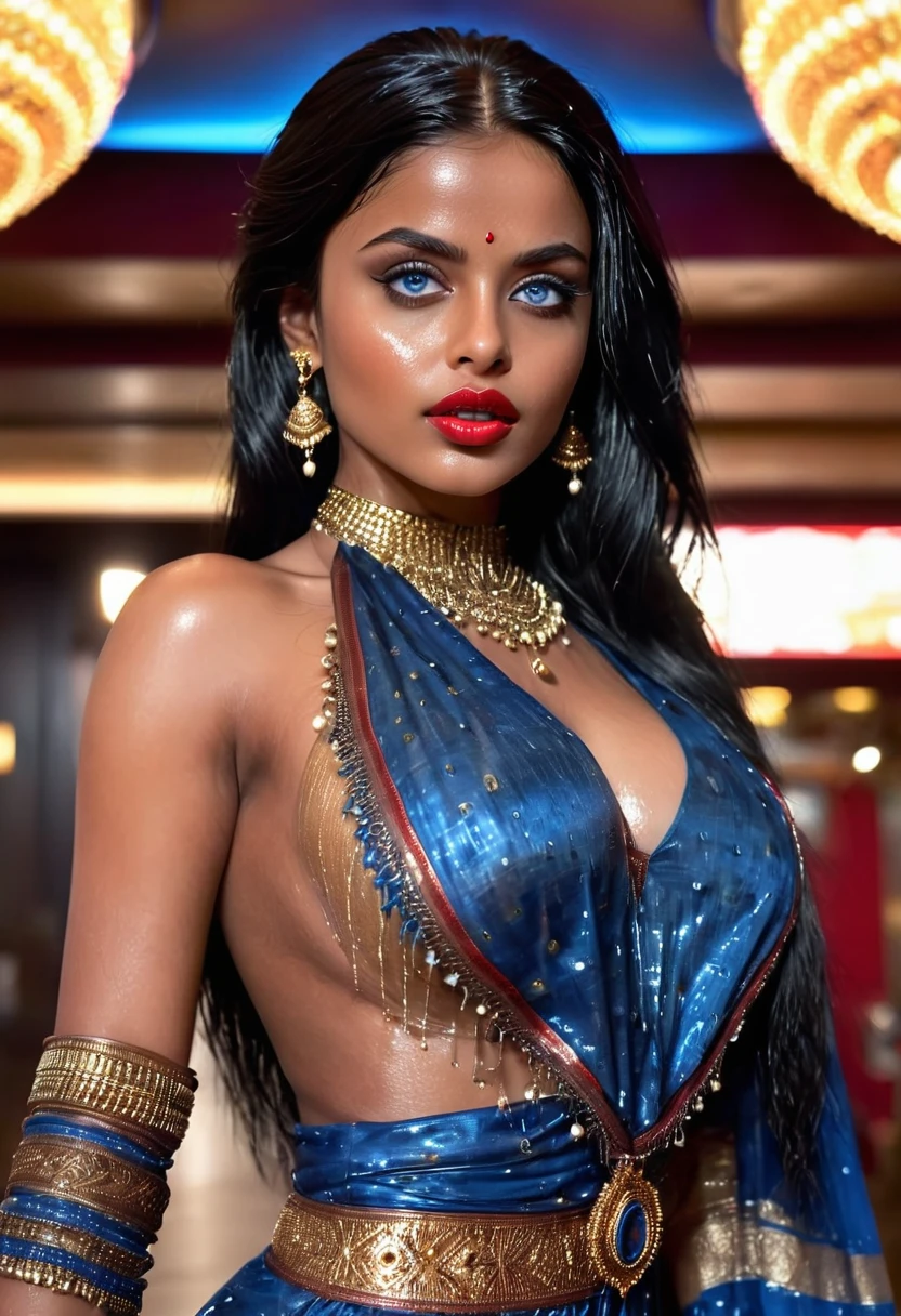Beautiful big busty Indian girl, blue eyes, black fur, 8k, 18 years, beautiful face, Whole body, cyber outfit, futuristic skyscraper.