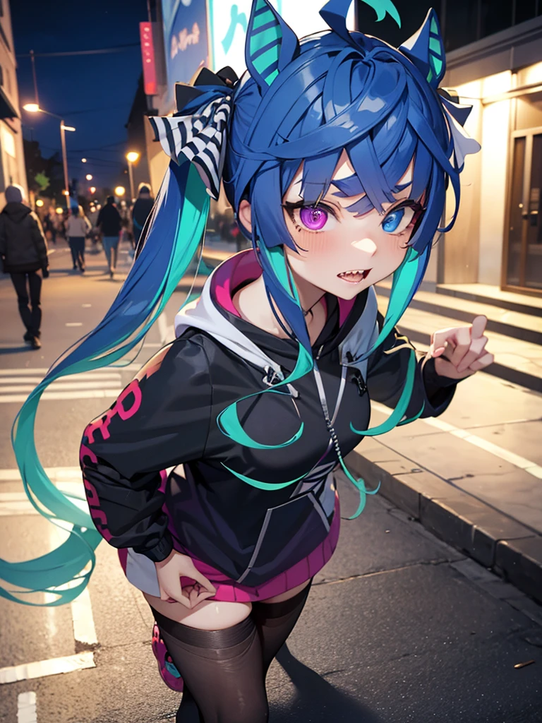 (Masterpiece, best quality, high res、highly detailed cg: 1), A very aggressive streetwalker with vulgar and unrefined manners and attire, forcefully soliciting a man. The man is a faceless background character. The scene is set on a quiet, sparsely populated street at night, with the streetwalker as the main focus. Twin_Turbo_Umamusume, aqua hair, twintails, heterochromia, purple eyes, blue eyes, sharp teeth,hores tails, nsfw, bitch, Seduction, Slutty face