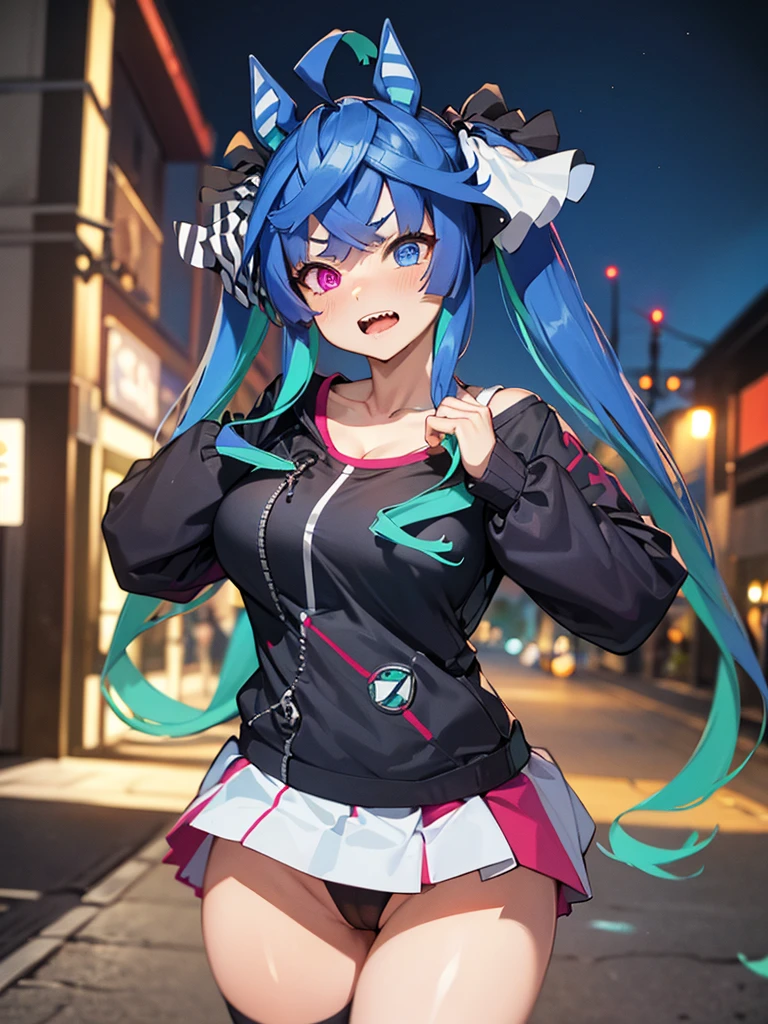 (Masterpiece, best quality, high res、highly detailed cg: 1), A very aggressive streetwalker with vulgar and unrefined manners and attire, forcefully soliciting a man. The man is a faceless background character. The scene is set on a quiet, sparsely populated street at night, with the streetwalker as the main focus. Twin_Turbo_Umamusume, aqua hair, twintails, heterochromia, purple eyes, blue eyes, sharp teeth,hores tails, nsfw, bitch, Seduction, Slutty face