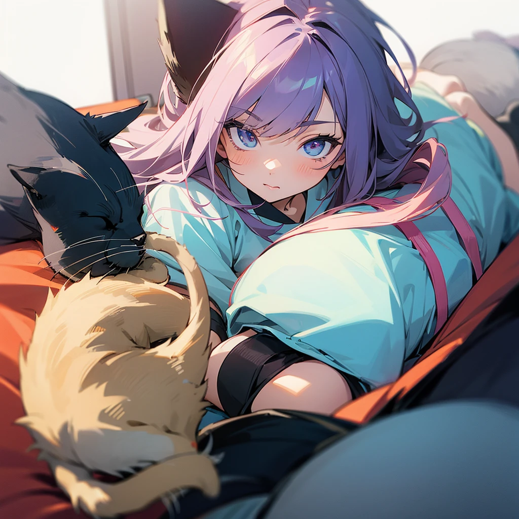 Anime girl petting a cat