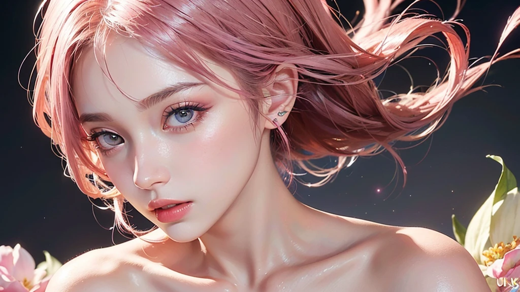 One girl, alone, flower畑, flower, (Official Art, unity 8k wallpaper, Super detailed, beautifully、aesthetic, masterpiece ,Highest quality:1.3), (Dynamic Angle:1.2), (Floating colorful sparkles:1) , elegant, Vibrant colors, Highly detailed face, Detailed eyes, Glowing Skin, Glossy Lips , Pale pink and pale orange background, Pink Hair,