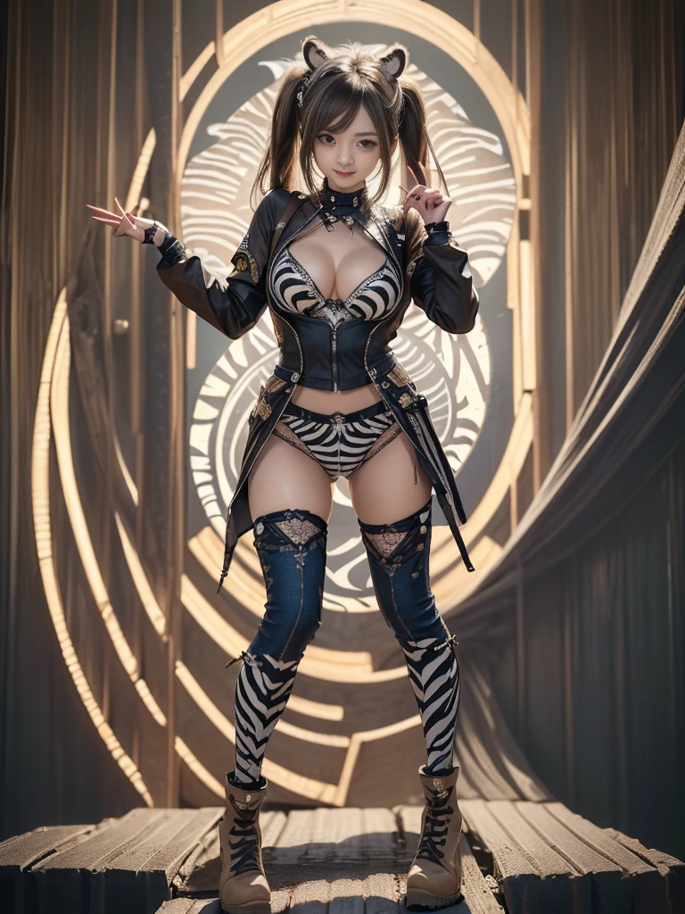 (Full Body View:1.3)、(Full body:1.2)、(Smiling with teeth showing:1.3),(Shibuya Gal:1.5)、(Gothic Lolita style fashion:1.5)、(Punk RockVisual Kei:1.5)、(Wearing a rhythmic gymnastics bodysuit with intricate details:1.4)、(Racing suit and shorts in beige, denim and charcoal with intricate details:1.5)、(Denim and black and brown long boots:1.3)、(Denim and beige knee socks:1.3)、((belt))、(Numerous delicate logo marks all over the costume:1.4)、(collar:1.3)、(Zebra pattern underwear:1.5)、20-year-old、NSFW、((Highest quality、In 8K、masterpiece:1.3))、Sharp focus:1.2、(Layered Cut、Huge boobs:1.1),Beautiful woman with perfect figure:1.4、(do a gravure pose:1.3)、Slender Abs:1.2、Highly detailed face and skin texture、Detailed eyes、double eyelid,(Twin tails:1.3)、(Brown-golden hair:1.3)、Gravure idol、(The background is a vast mountain々Beautiful European tourist destinations:1.3)、(Slim Body:1.3),(Make your legs thinner:1.4),(clavicle:1.1)