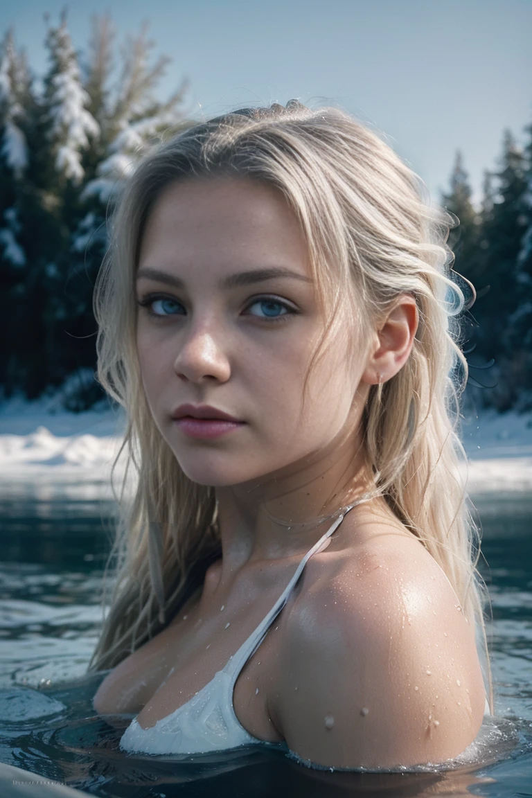 23 year old playmate, snowy lake water winter, (messy platinum blonde long wavy hair), (Front view, low view, In water), ((ultra detailed light blue eyes)), (((neckline, masterpiece, to milk))), PhotoRealism, high contrast, Photorealist, Photo, masterpiece, realist, Realism, PhotoRealism, high contrast, Photorealist digital art trend on Artstation 8k HD high definition detailed realist, detailed, skin texture, hyperdetailed, realist skin texture, Best Quality, ultra High resolution, (Photorealist: 1.4), High resolution, detailed, raw Photo, sharp fire, kodak portra 400 camera f1 lens.6 rich colors hyper realist texture dramatic lighting unreal engine, trend in artstation cinestill 800.