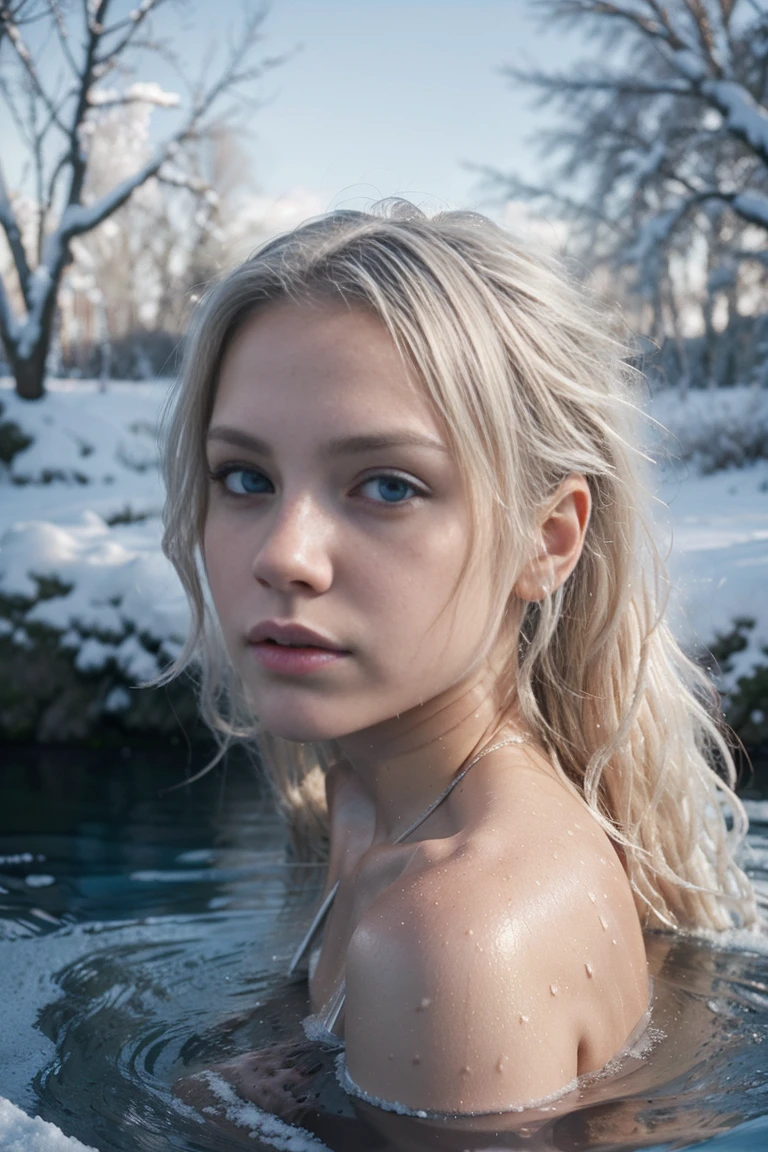petite girl, 10 years old, Gwyneth Paltrow, blonde woman, High, hair-style, flower in hair, Slim, Skinny, Full-length, NSFW, bare breast, swimming pool on top of a snowy mountain, Bright sun, wistful expression,