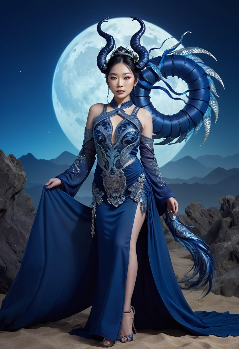 A fantastical interpretation of the Zodiac sign Scorpio representing an East Asian woman. The image is set in a dimly-lit, fantastical landscape. The woman is seen standing strong, donning an elaborate costume with elements representing Scorpionic features such as a stylized tail and claw-shaped accessories. The color palette emphasizes darker hues like deep blues, indigo, and black with occasional bursts of contrast through silver or bright red accents. This is a high-resolution, 8k image.

