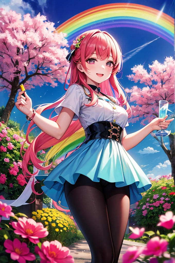 A girl standing with a bright smile, Holding a bottle of magic paint. Surrounded by magical and colorful surroundings, With colorful flowers, Vivid trees々Or a rainbow-filled sky. 4K resolution