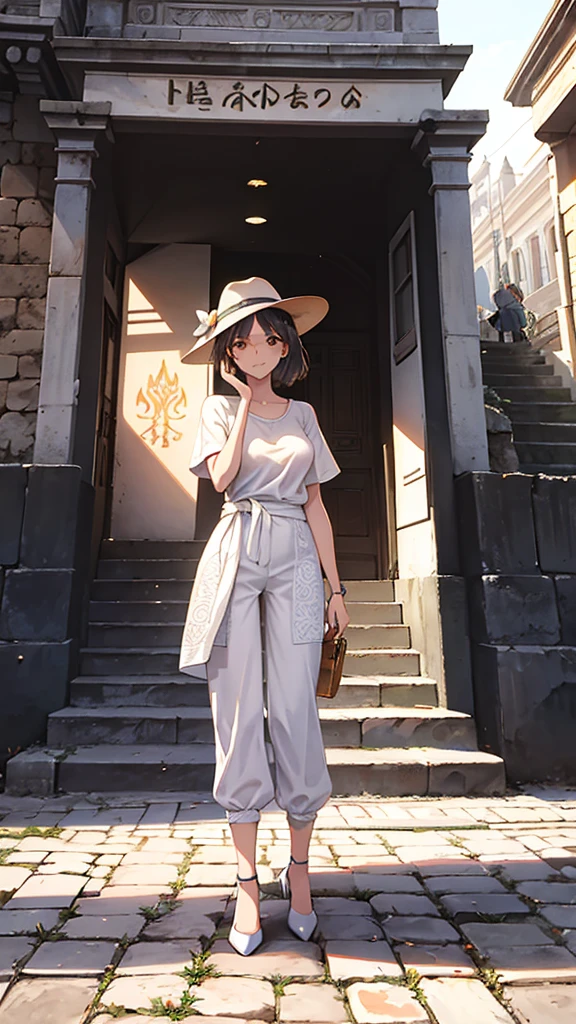 A woman was standing on a cobblestone road. She wore a white t-shirt. Orange pants and white high heels along with wearing a white hat to protect from the sun She raised one hand to shield her face from the sun to look ahead. The background of the picture is ancient architecture with carved patterns and the windows have iron bars. The structure looks old and has historical value. In the right corner of the photo there is a sign giving information about the location. There is also a metal fence and various barriers. near the entrance Sunlight casts shadows on roads and buildings. The woman in the photo is relaxed and appears to be enjoying the sights.