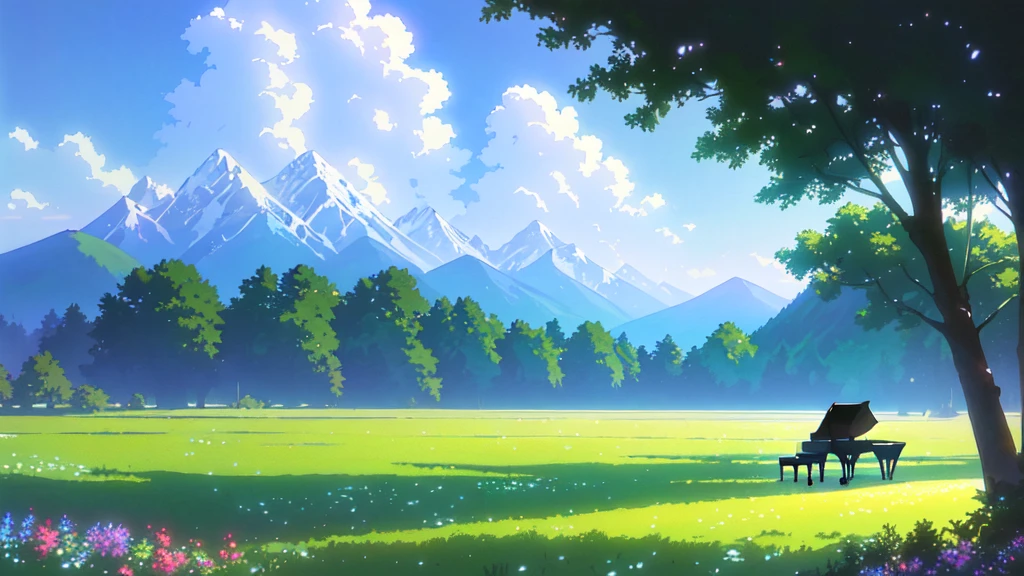 There is a piano in a field with flowers and mountains in the background, Official Artwork, ( ( Makoto Shinkai ) ), Lofi Artstyle, Atei Gailan Style, Full Piano, Beautiful peaceful scene in anime, Official Fan Art, Lofi Art, lofi album art, studio glibly Makoto Shinkai, Official Art