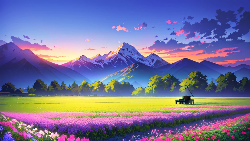 There is a piano in a field with flowers and mountains in the background, Official Artwork, ( ( Makoto Shinkai ) ), Lofi Artstyle, Atei Gailan Style, Full Piano, Beautiful peaceful scene in anime, Official Fan Art, Lofi Art, lofi album art, studio glibly Makoto Shinkai, Official Art