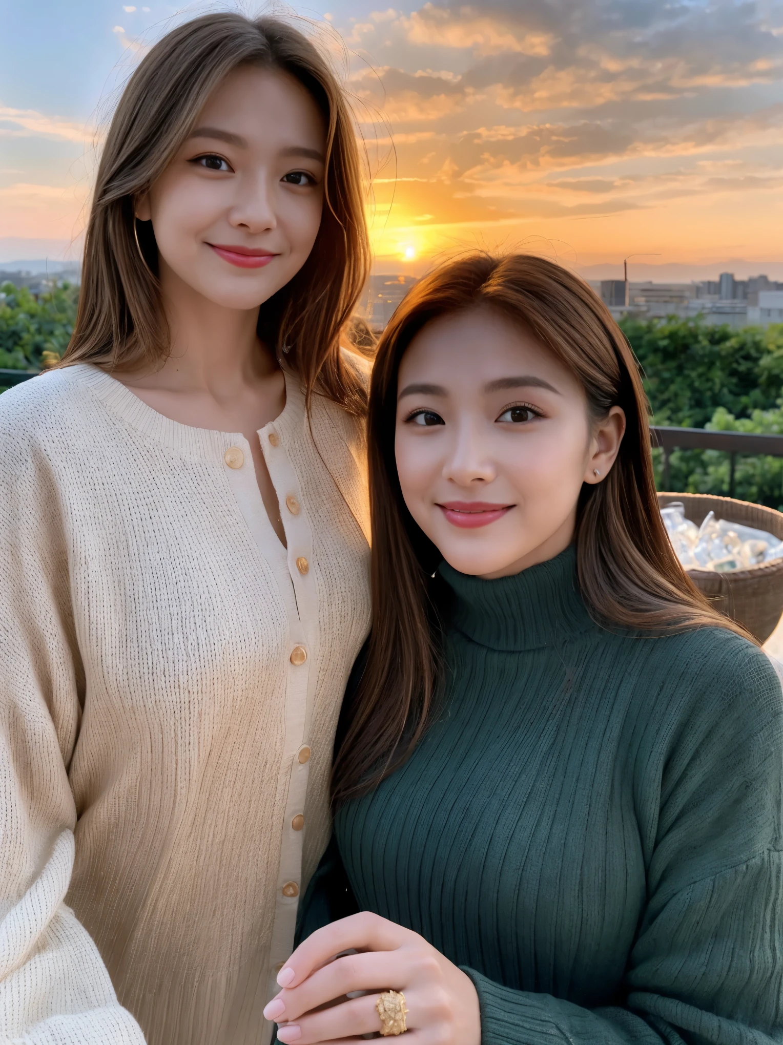 (Realistic:1.2),(masterpiece,Highest quality),8k,((men and women)),Age 35,37 years old、Best smile、Happy Couple, Full course dinner at the table、Wine Party、wine glass、White wine、sparkling wine、red wine、Upper Body、Tight waist,Perfect Anatomy, Brown Hair, short hair,Random Hairstyles,Amazing view of the sunset sky and clouds、Long sleeve shirt、dress,((Highly detailed face and eyes:1.2))(Cute Face:1.4),Beautiful actress face,Perfect golden ratio face,woman'suit、Nice,(smile:1.2)、