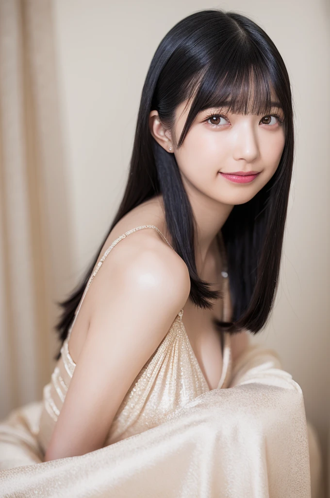 a woman,1 girl,black hair, hair bobbles, longeyelashes, solid circle eyes, light smile, mole under eye, piercing, light smile, shy, puckered lips, Surrealism, drop shadow, stereogram, ass pov, atmospheric perspective, depth of field, first-person view, f/1.8, 8K, super detail, ccurate, best quality, highres, best quality,full body,professional lighting,Cleavage