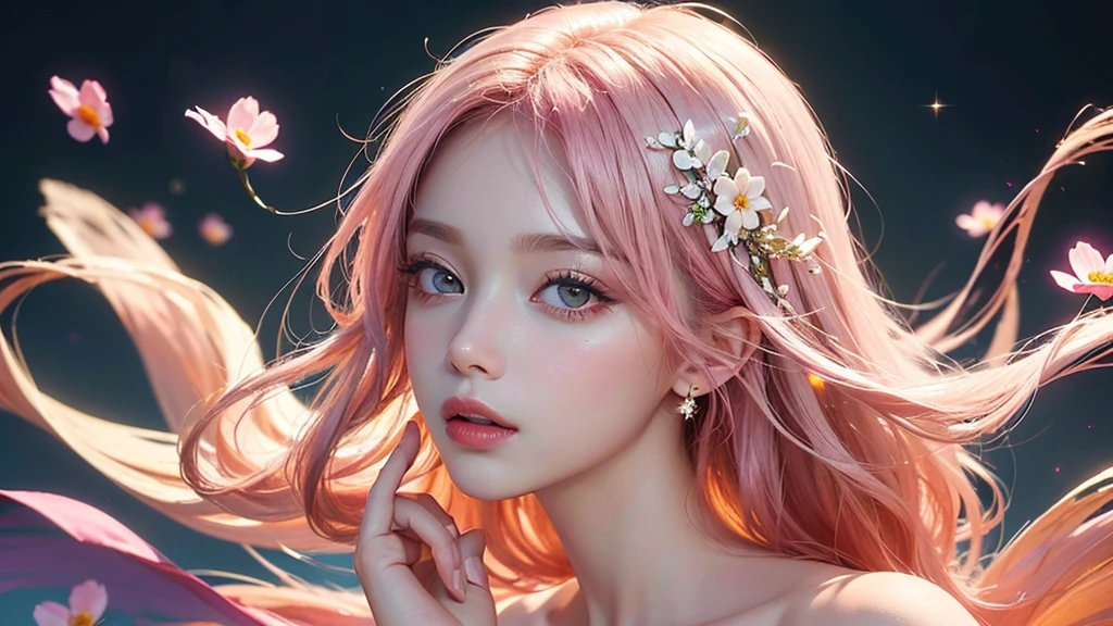 One girl, alone, flower畑, flower, (Official Art, unity 8k wallpaper, Super detailed, beautifully、aesthetic, masterpiece ,Highest quality:1.3), (Dynamic Angle:1.2), (Floating colorful sparkles:1) , elegant, Vibrant colors, Highly detailed face, Detailed eyes, Glowing Skin, Glossy Lips , Pale pink and pale orange background, Pink Hair,