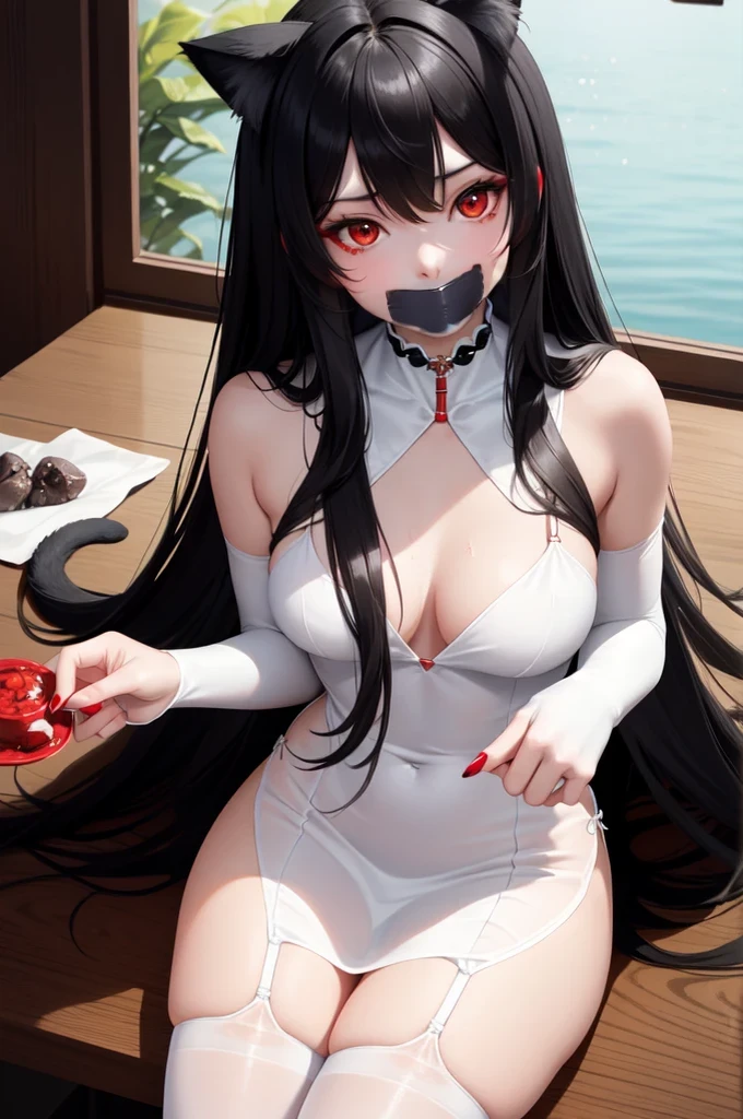 Detailed facial details，16 years old，1 girl，Red lips，Cat ear，Black long hair，Wearing a snow-white latex lace bikini，Large Breasts，Slim，Collar，Radiant Skin，Sitting on the grass，garden