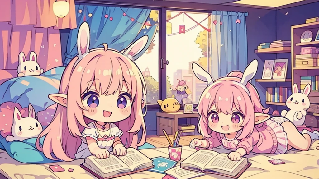 Bunny ears、Chibi Girl Elf、fluffy、Pink pop room、 smile、Playing a game