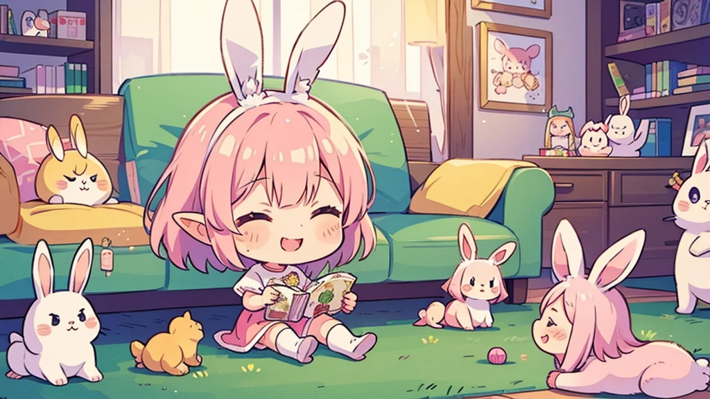 Bunny ears、Chibi Girl Elf、fluffy、Pink pop room、 smile、Playing a game