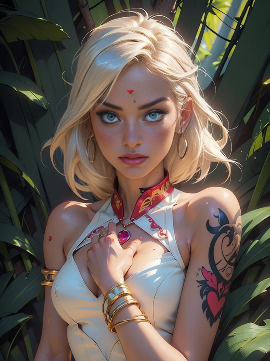 1 character, 1 girl, dark evening, kind person, Pink ,dark drawing, (work of art, maximum quality, best qualityer, offcial art, beautiful and aesthetic:1.2), , extremely detaild,(Fractal Art:1.3),colorfully ,More Detailed,(A sexy woman in dress, A beautiful baby ,sexslave, erotic worker, Prostitute, Prostitute),(sex pose, erotic design , erotic face, erotic pose),(mic , golden hair , eyes large, sexy eyes body covered in tattoo, Red lips, sensual lips, sexy face, hand tattoo, tattoo on the leg, chest tattoo ,pore white hair), (wearing sexslave accessory ,golden accessory, Slave bracelet, bracelet, , Kale, magic forest,(((work of art))), (((best qualityer))), ((ultra detali)),(highly detailed CG illustration) ((extremely delicate and beautiful)),cinematic light, Delicate hands