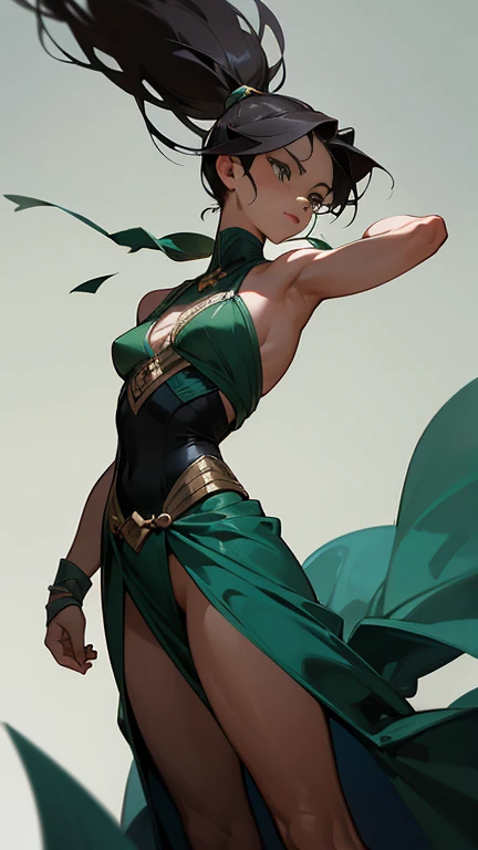 a girl stands tall at around 5'9" (175 cm) with an athletic yet graceful build, showcasing well-defined muscles that reflect her warrior past. Her olive-toned skin has a smooth yet weathered texture from years of exposure to the elements. She has dark brown, almost black hair that cascades down to her waist in loose, natural waves, often with a few strands falling over her face. Thalia's piercing green, almond-shaped eyes hold a fierce, intense gaze that can be both captivating and intimidating. Her facial features include high cheekbones, a strong jawline, and a slightly aquiline nose, complemented by full and expressive lips. Her posture exudes confidence and strength, and she moves with the fluidity and precision of a seasoned warrior. Her attire consists of practical, form-fitting garments made from durable materials, often adorned with subtle yet intricate patterns that hint at her ancient lineage.