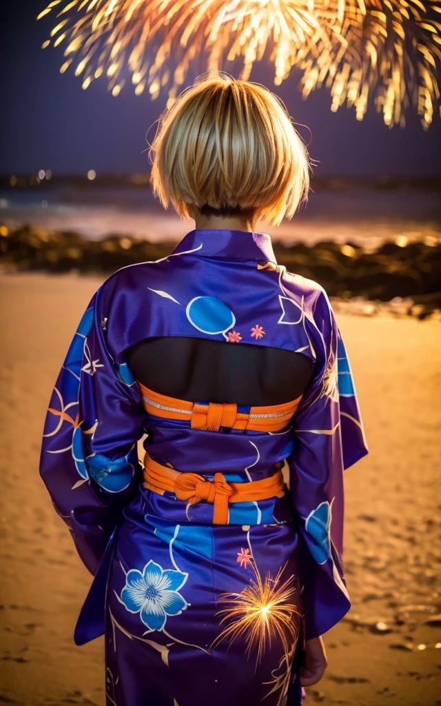 gyaru, dark-skinned, shiny oiled skin, blond hair, short cut hair, wearing vivid yukata, standing in seaside beach, dark-night, deep fog, orange lanthanum light, Fireworks Festival Venue, Fireworks in the background, cinematic lighting, from behind